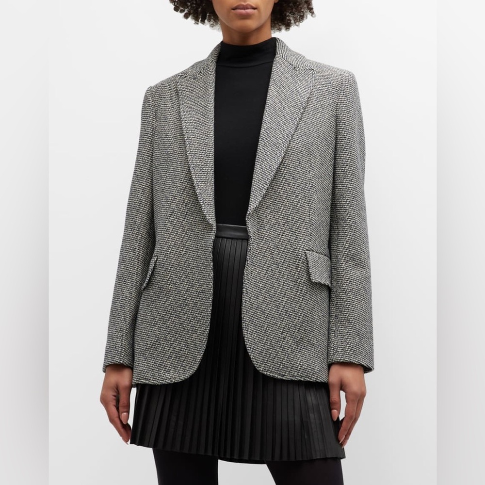 Theory Stretch Relaxed Tweed Bomber Jacket Wool Blend Blazer Black Blue size 6
